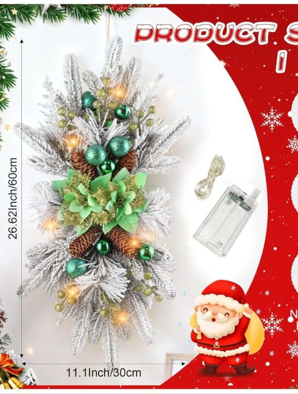 Green Frosted Pine Holiday Swag with Lights. NWT.